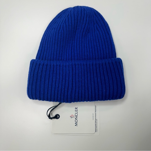 Moncler Ribbed Wool Beanie w/ Logo in Blue - Picture 2 of 5